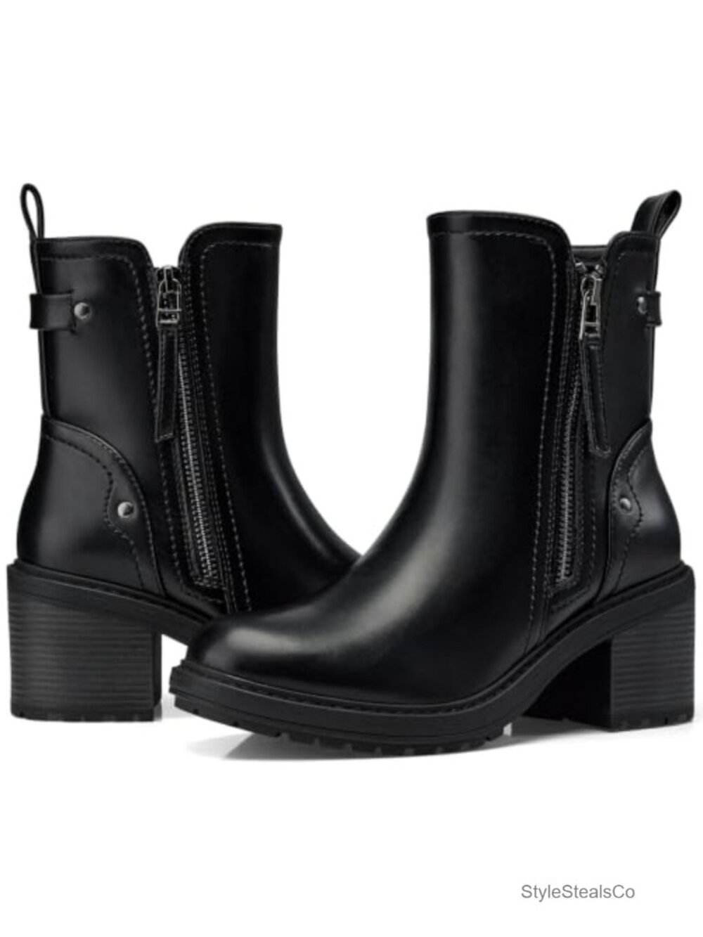 Faux Leather Ankle Boots Chunky Heel Side Zip Booties